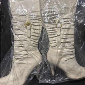 Miss Tina Cream Heeled Boots with Gold Accent